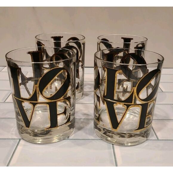 CERA MCM Glass Old Fashioned Rocks Glasses Cocktail Black & Gold 'LOVE' Set of 4 - Picture 4 of 16